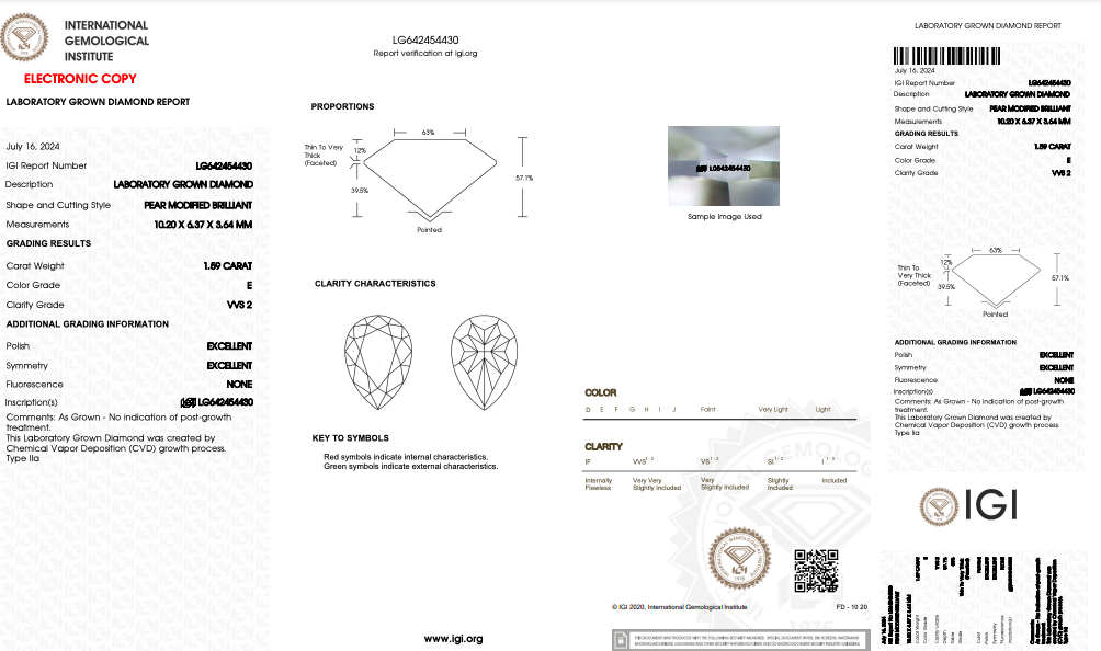 1.5CTW Pear Shape Lab Grown Diamond Engagement Ring IGI Certification