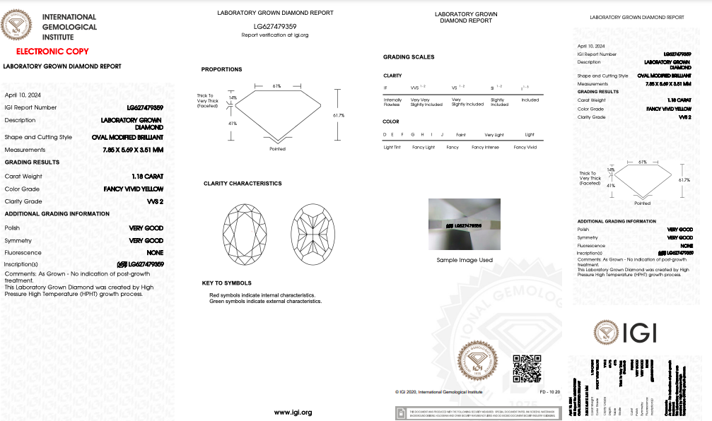 1CTW Oval Cut Fancy Vivid Yellow Lab Grown Diamond Engagement Ring Three-Stone IGI Certification