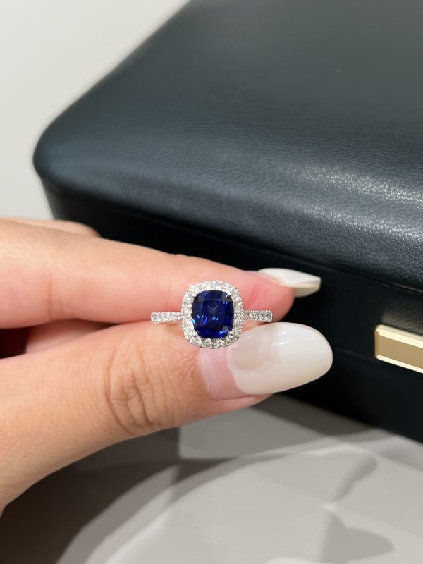 1.67CTW Cushion Cut Lab Grown Sapphire & Diamond Ring in 18K White Gold