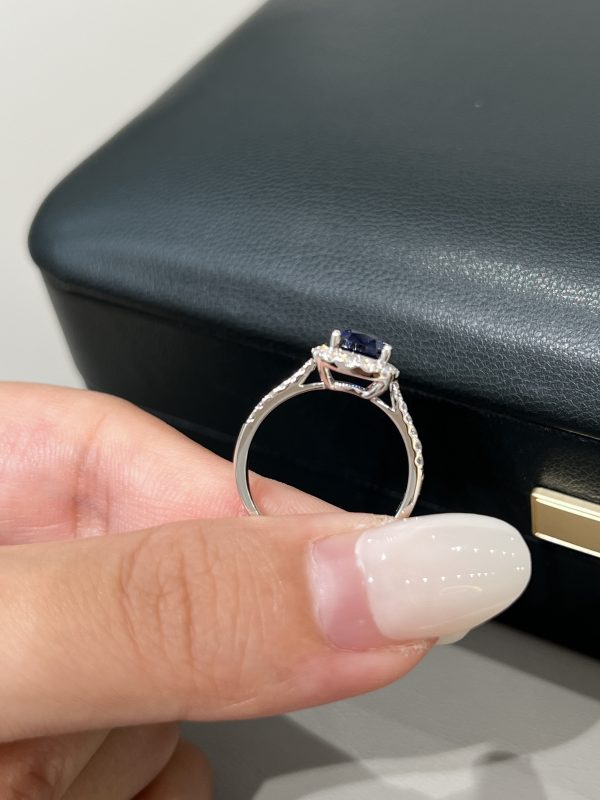 1.67CTW Cushion Cut Lab Grown Sapphire & Diamond Ring in 18K White Gold