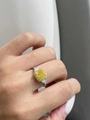 1.5CTW Cushion Cut Fancy Intense Yellow Lab Grown Diamond Ring Three-Stone